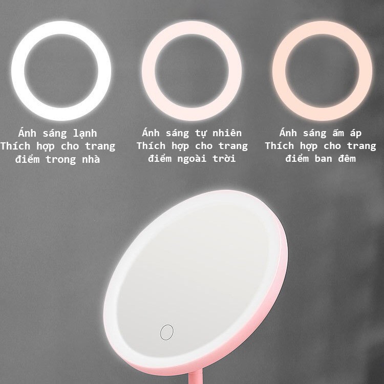 Gương tròn trang điểm để bàn có đèn LED, Đèn bàn cảm ứng 3 cấp độ ánh sáng, Cáp sạc USB