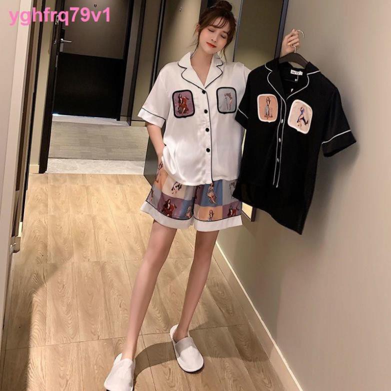 đồ lótQuần lótthời trangCouple pyjama nữ mùa hè băng lụa ngắn tay mỏng phiên bản Hàn Quốc của lưới màu đỏ nam gi ❕