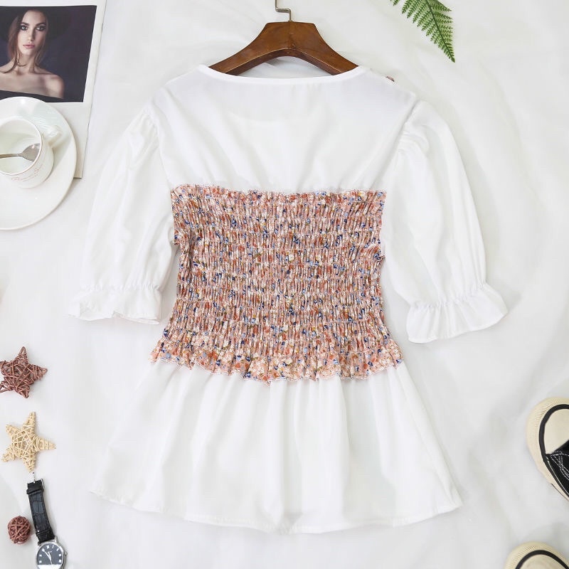 Áo kiểu babydoll nữ tay ngắn phối voan phong cách Hàn Quốc mã QD0125