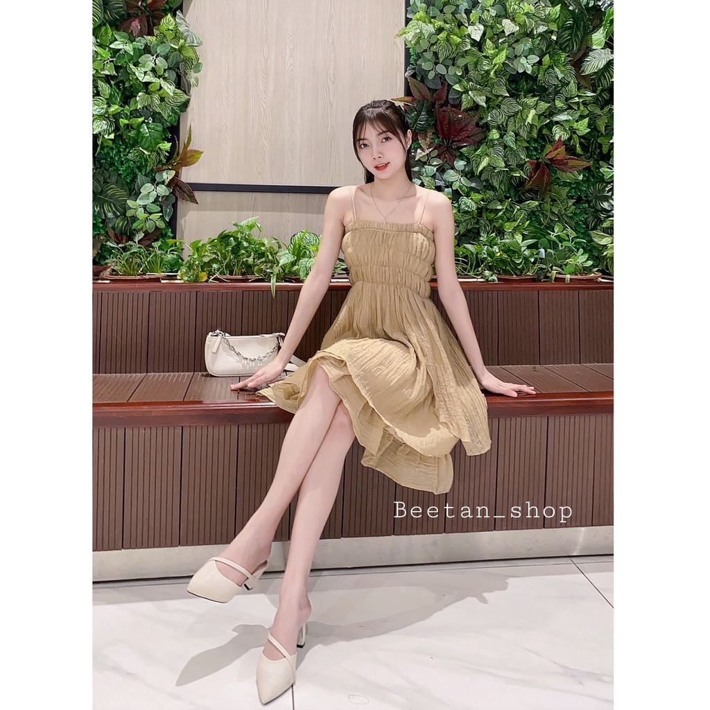 Set váy hai dây màu nâu tây siêu xinh tặng kèm áo khoác cardigan D28