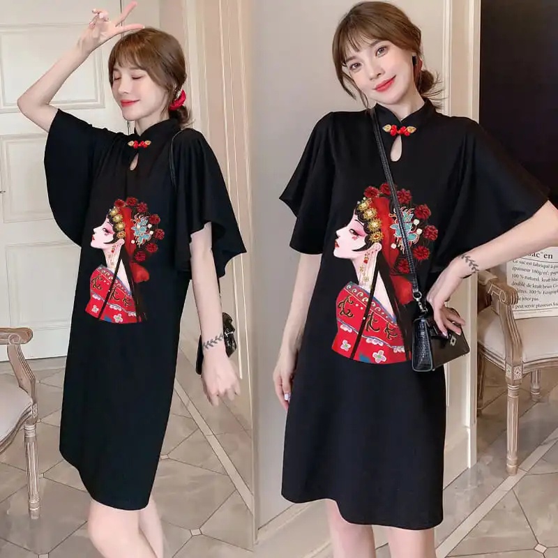 Đầm Sườn Xám In Họa Tiết Size Lớn 45-150KG C8712