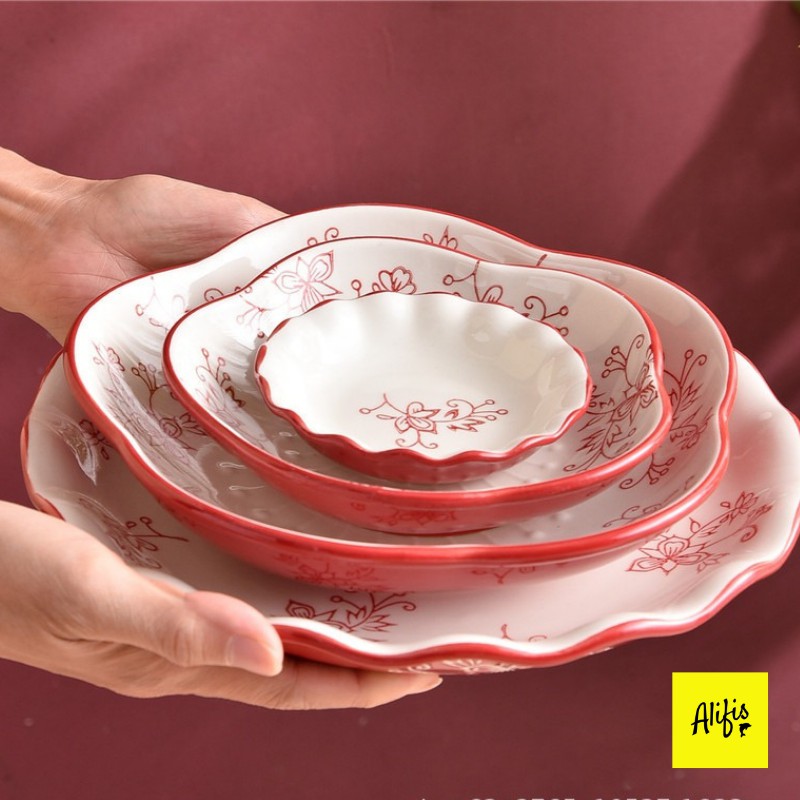 Bát đĩa, bát đĩa decor hoa trắng nền đỏ - phụ kiện bàn ăn – bán lẻ theo món