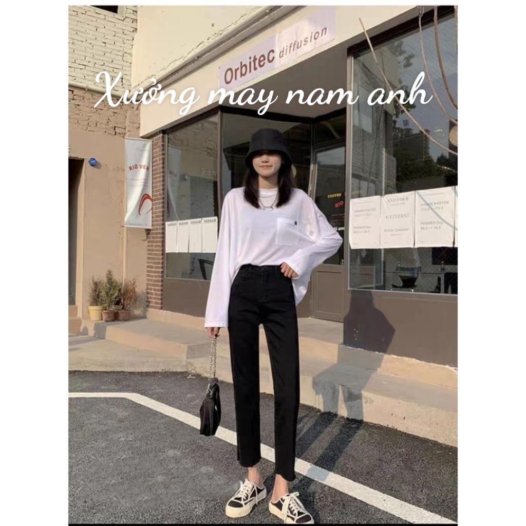 Quần Jean Bò Ống Đứng, Quần Jean Nữ Ống Suông Cạp Cao Co Giãn Phong Cách Ulzzang