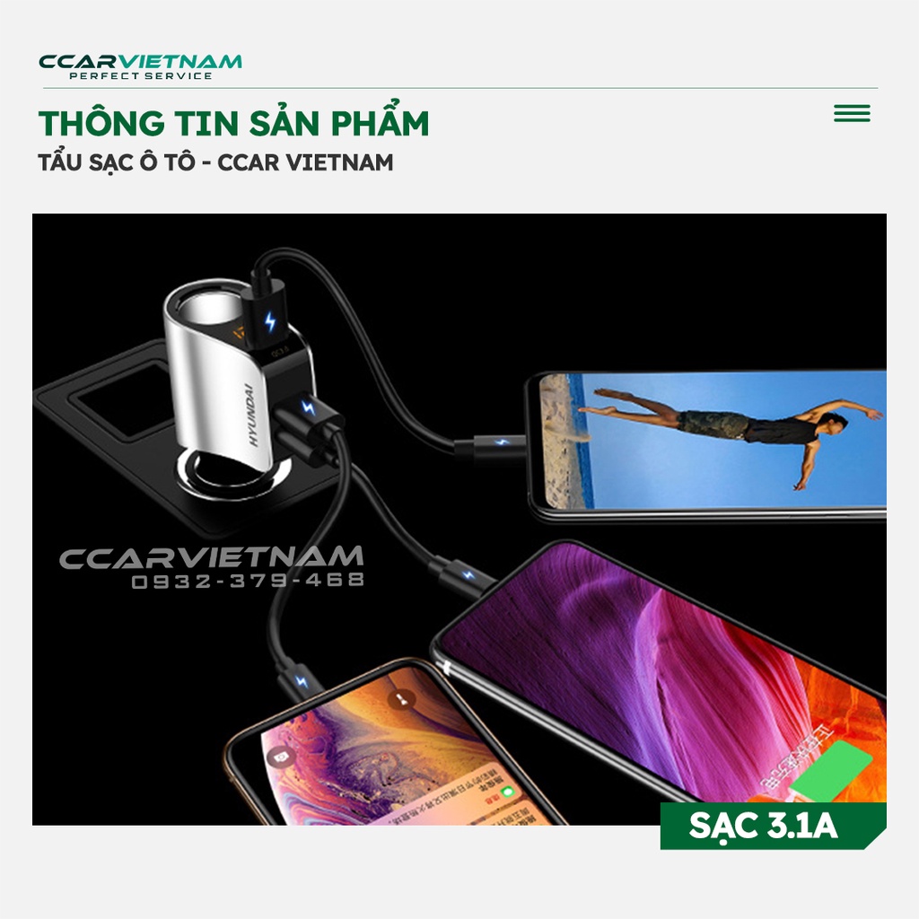 Tẩu Sạc Nhanh Ô Tô Hyundai Hy-10 Cao Cấp - Tẩu Sạc Xe Hơi 12V Có 3 Cổng Sạc USB, 1 Đầu Tẩu