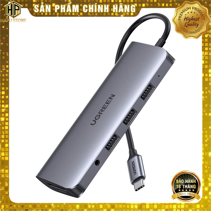 Hub đa năng Ugreen 80133 tích hợp HDMI, VGA, 3.5mm, LAN, USB, Đọc Thẻ, Sạc USB-C PD chính hãng - Hapustore