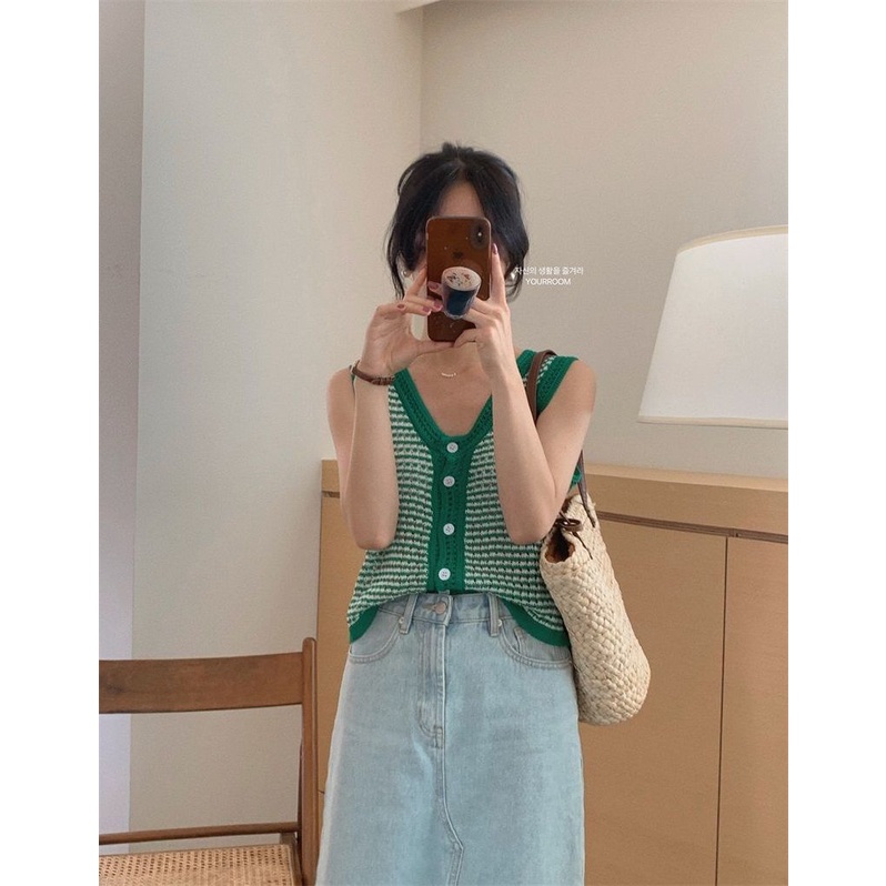 Áo Cardigan Không Tay Cổ Chữ V Màu Sắc Tương Phản Thời Trang Mùa Hè Cho Nữ