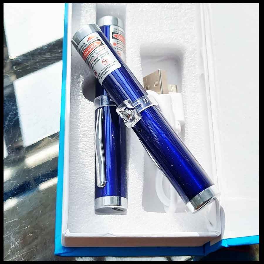 Bút Laze Laser Mini Sạc Cáp USB Tia Xanh Lá Vỏ Xanh Dương 9cm