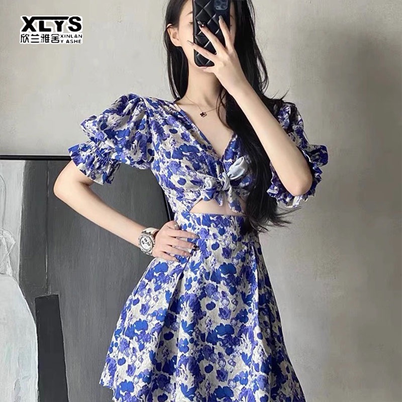 Đầm XINLANYASHE dáng chữ A cổ V in họa tiết hoa phong cách Hàn Quốc thời trang đi biển cho nữ