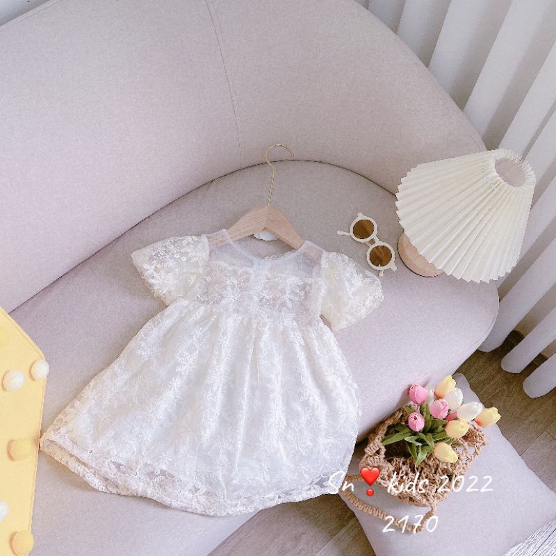 Váy ren trắng bé gái- Đầm công chúa cho bé chất ren thêu hoa mềm mại size 9 - 22ky