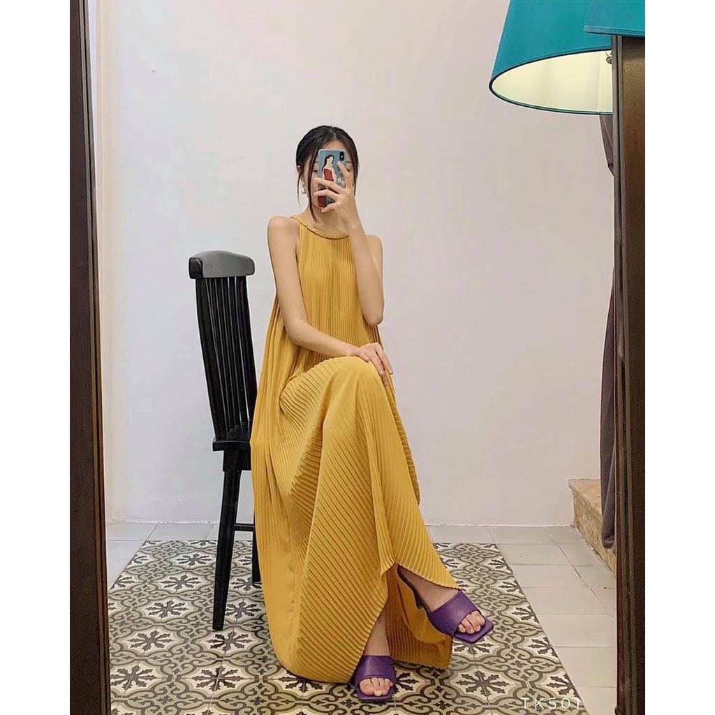 [Ảnh thật] Đầm maxi dập li cổ yếm thắt bím dáng suông đi biển dạo phố siêu sang