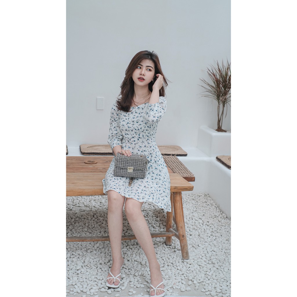 Váy hoa lụa cổ vuông tay dài chất liệu cao cấp - VH0123CM