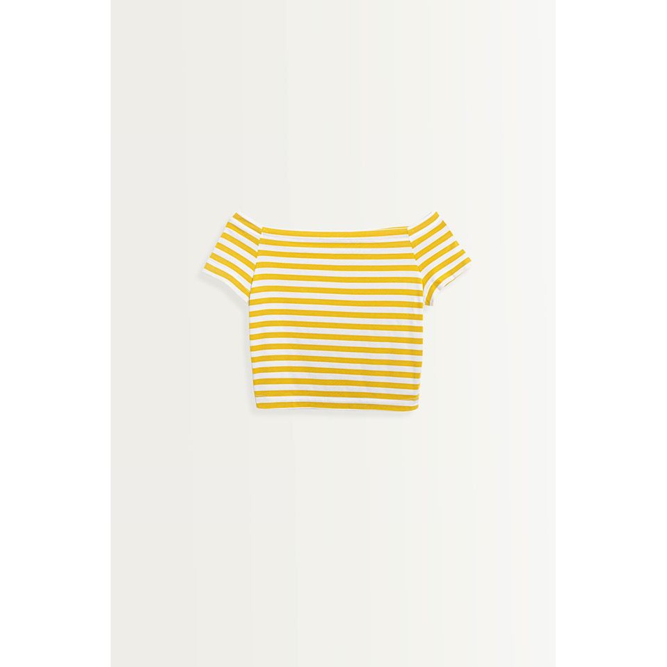 Áo phông nữ MADALEN dáng croptop trễ vai kẻ chất cotton co giãn