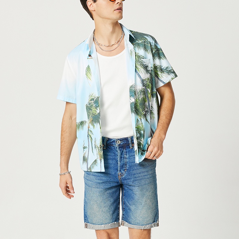 INCERUN Áo Sơ Mi Tay Ngắn Có Cổ In Họa Tiết Thời Trang Đi Biển Cho Nam
