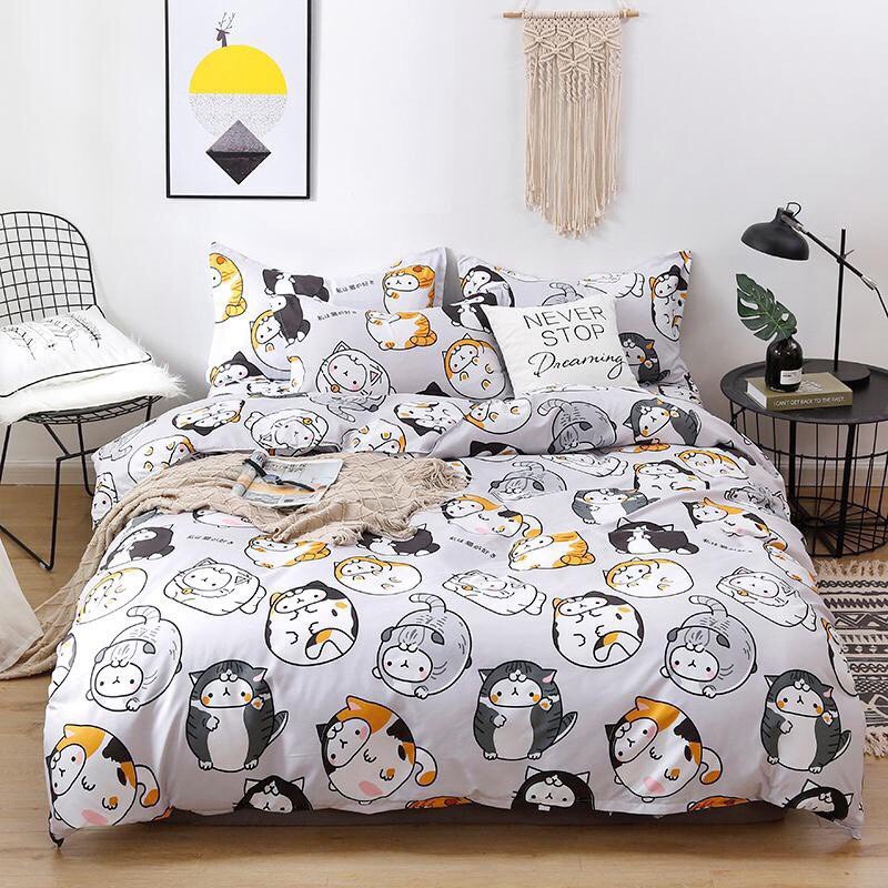 Bộ chăn ga Cotton Poly chăn ga Hàn Quốc hoạ tiết mèo mập đủ size miễn phí bo chun