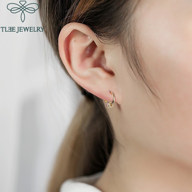 Khuyên tai bạc nữ TLEE tròn trơn mix ba vòng tròn nạm đá TleeJewelry B0113