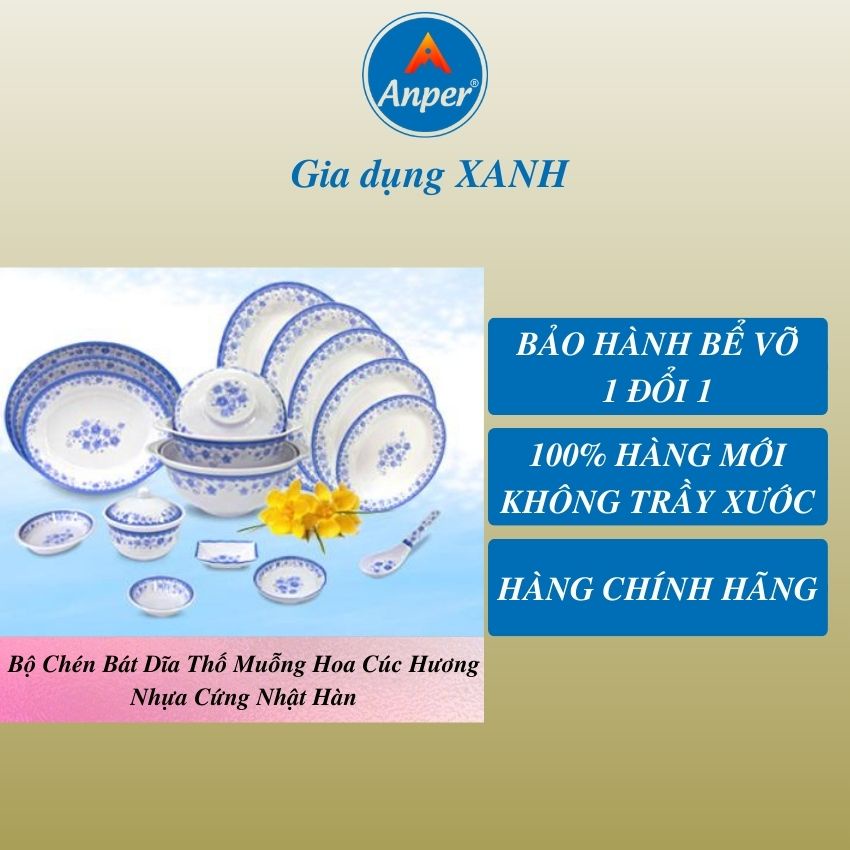 Bộ Bát Tô Chén Dĩa Đĩa Thố Ngọc Diệp Anper Nhựa Kiểu Nhật Hàn Cứng Cao Cấp An Toàn Sang Trọng, Dùng Gia Đình Và Nhà Hàng