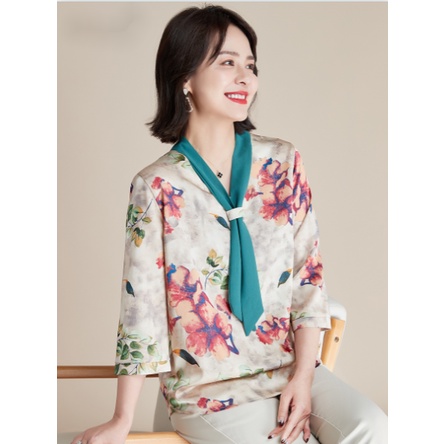 [Hàng Có Sẵn] Áo Sơ Mi Chiffon Tay Lửng Cổ Chữ v In Họa Tiết Hoa Cho Phụ Nữ Trung Niên