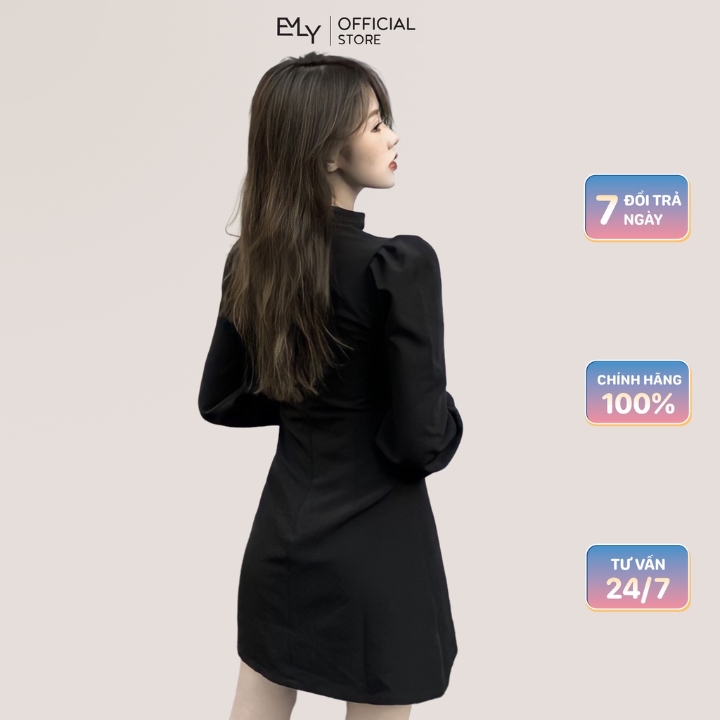Đầm đen nữ dáng xòe kiểu cúp ngực tay dài Emilyshop