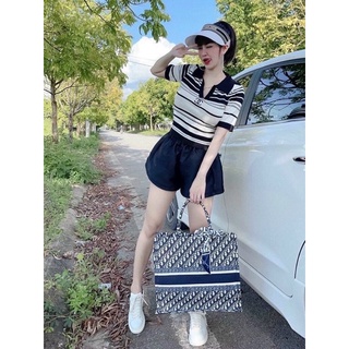 Áo len nữ cộc tay kẻ ngang cổ bẻ - loại đẹp