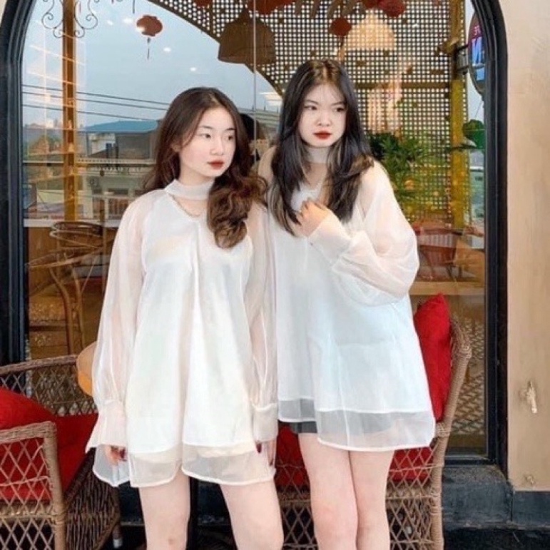 Áo sơ mi cổ phối ngọc dáng rộng hot hit_011 chất mát, phom đẹp, nội y xanh