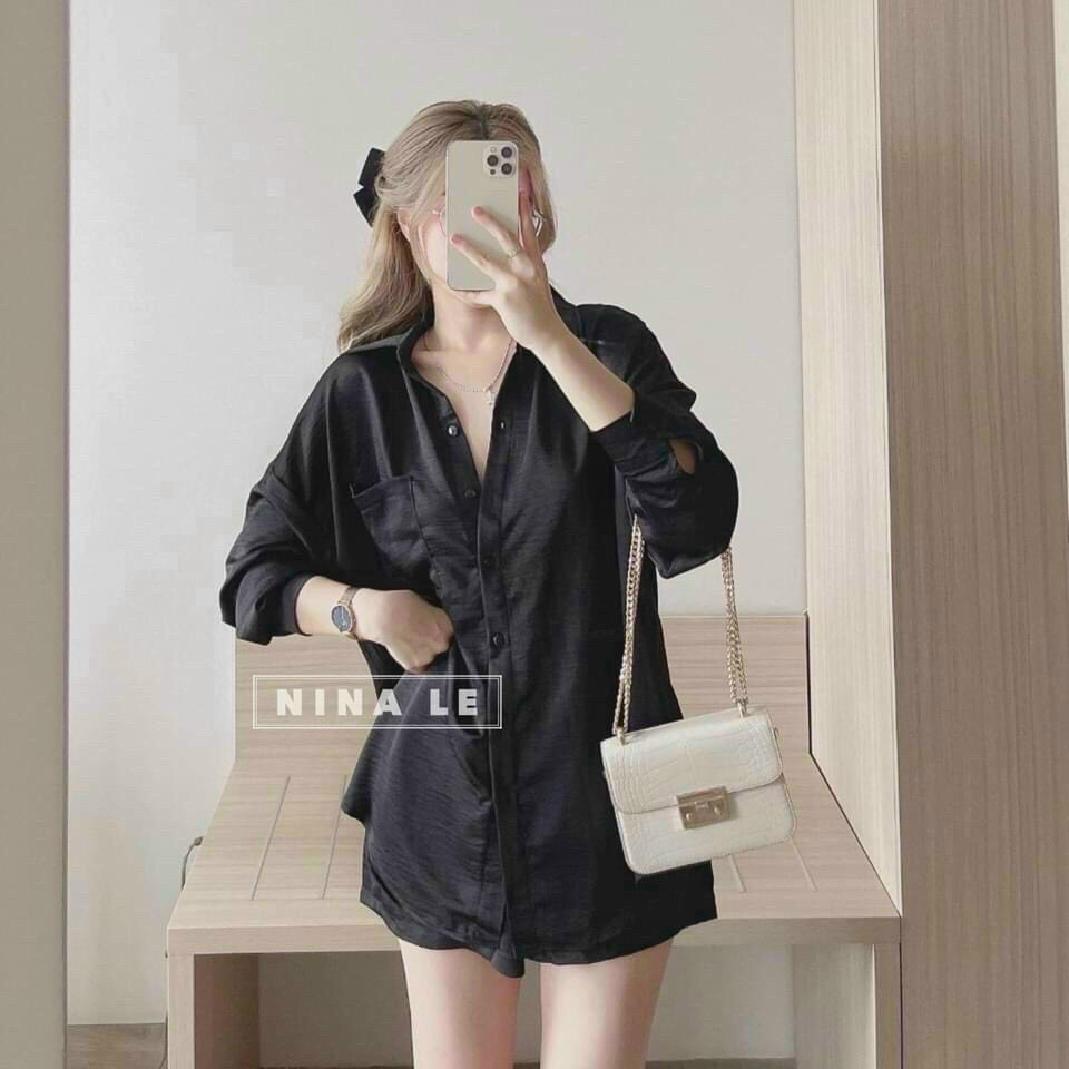 Sét bộ đồ nữ tuyết nhưng áo sơ mi tay dài kèm quần đùi trẻ trung sang trọng thanh lịch siêu xinh