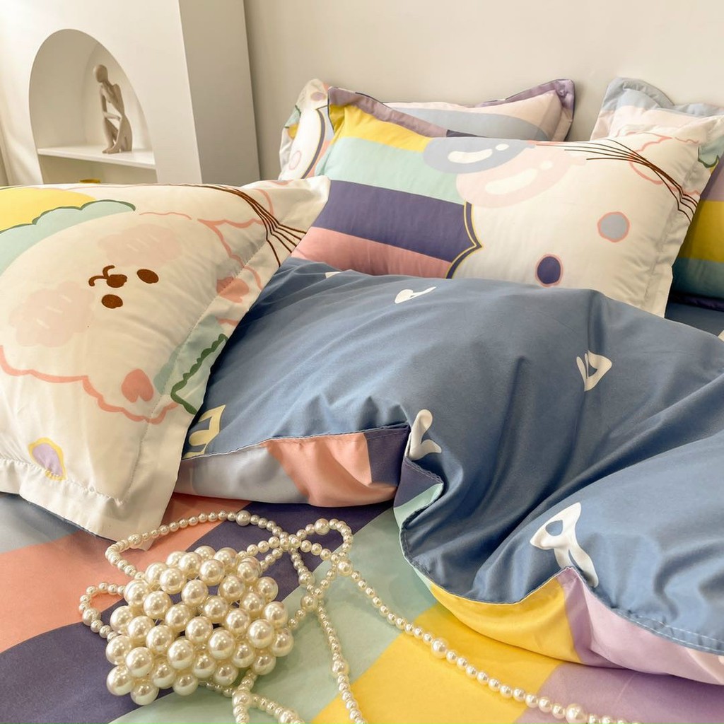 Bộ chăn ga gối cotton poly Lidaco decor phòng ngủ vintage - Thỏ Cầu Vồng (SP001432)