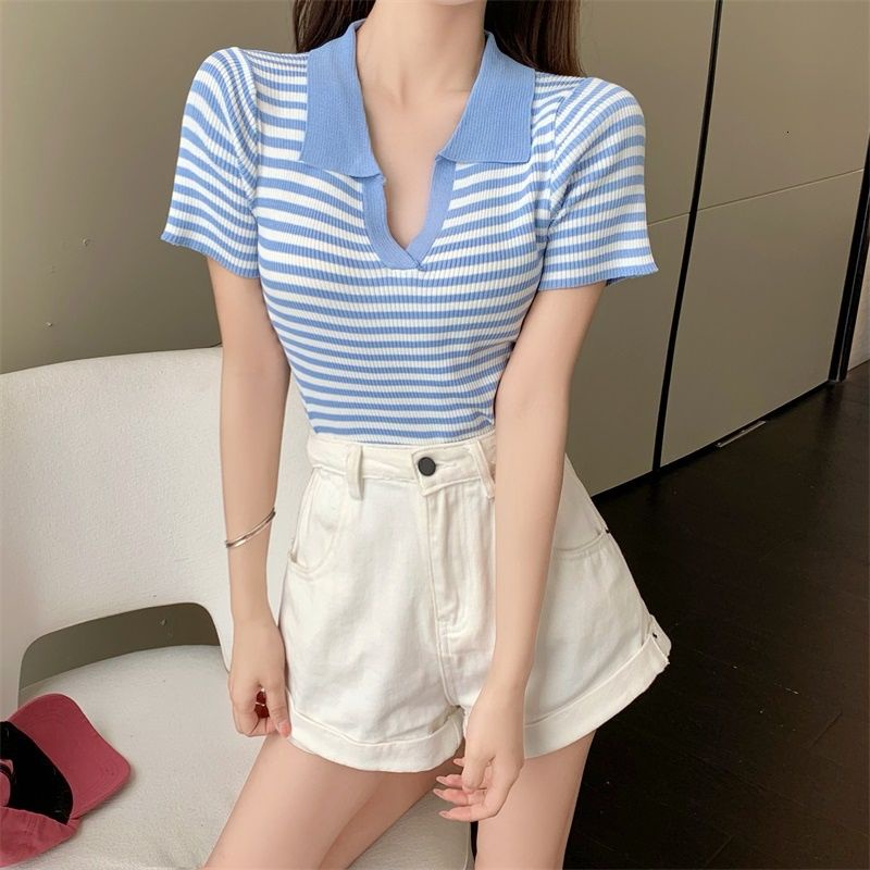 Áo polo tay ngắn cổ chữ V họa tiết sọc thời trang dành cho nữ