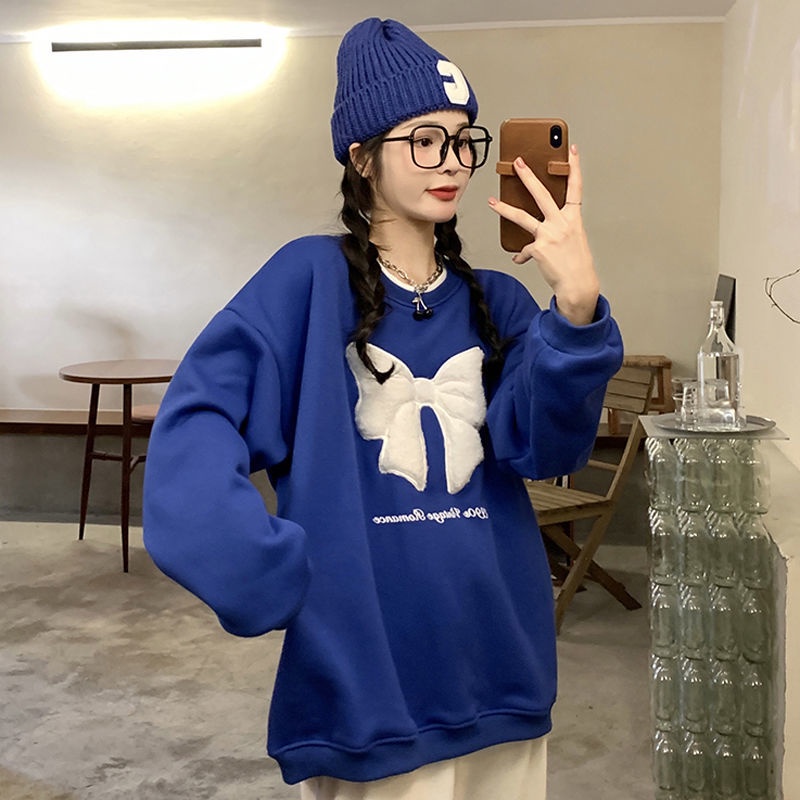 Áo Sweater Tay Dài Dáng Rộng In Chữ Đính Nơ Thời Trang Thu Đông Cho Bé Gái