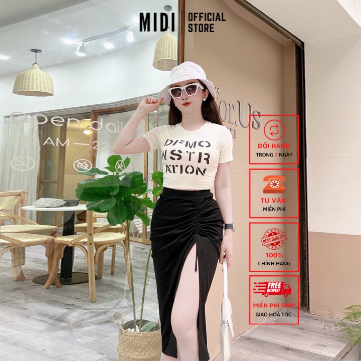 Set bộ áo croptop Midi Official Store Bộ đồ nữ chân váy xẻ rút dây áo thun in DFMO