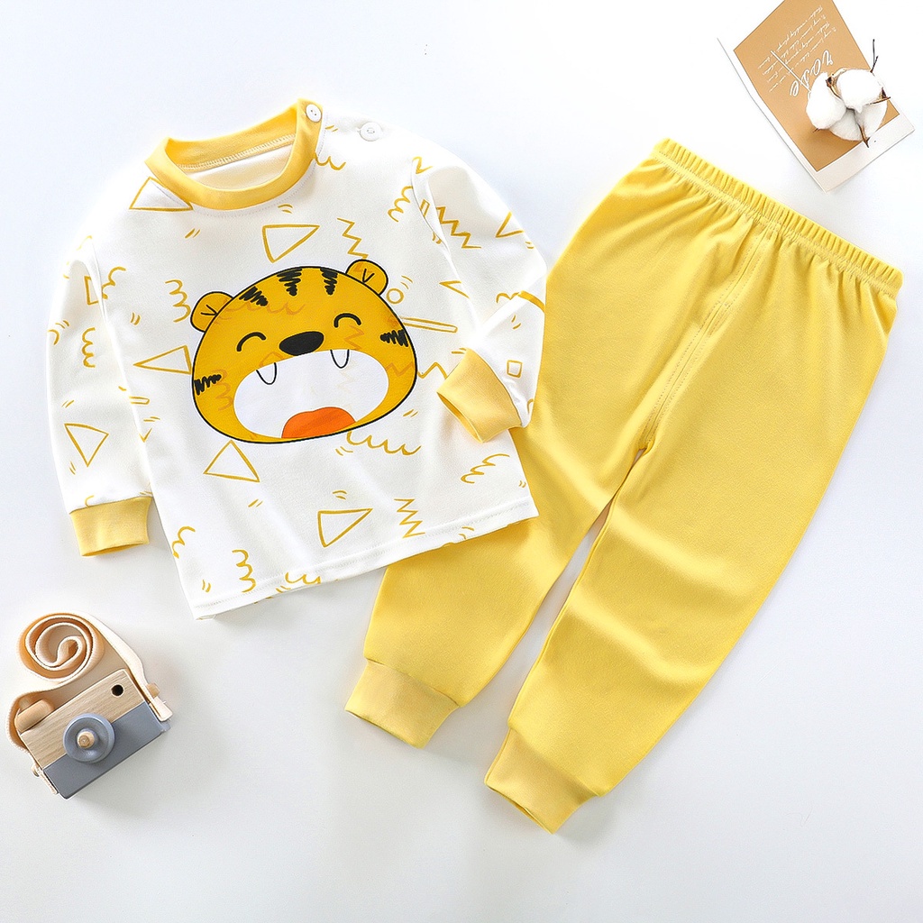 Bộ đồ ngủ tay dài chất liệu cotton in họa tiết hoạt hình phong cách Hàn Quốc thời trang thu đông cho bé 65-135CM