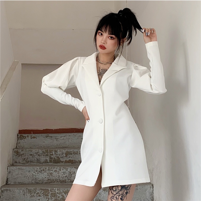 Đầm nữ trắng kiểu vest tay dài midi  Emilyshop