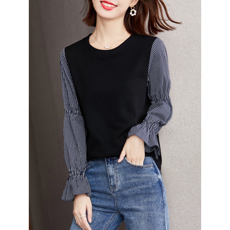 ZHELIHANGFEI Áo Dệt Kim Tay Loe Dài Cổ Tròn Lưng Cao Giả Hai Lớp Cá Tính Dễ Phối Đồ