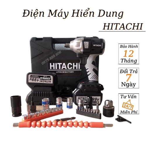 Máy Khoan Pin, Máy Siết Bulong Hitachi 199V Lõi Đồng Động cơ Không Chổi Than, Pin Khủng 10cell Hàng Loại 1
