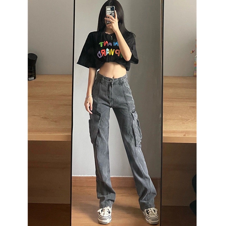 Quần jean ống rộng lưng cao phối túi lớn phong cách cổ điển