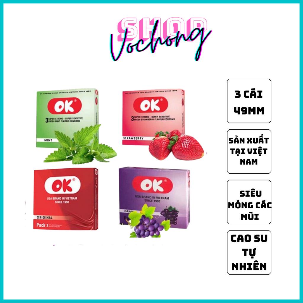 Bao Cao Su Ok Hương Dâu Tây - Bạc Hà - Nho - Không Mùi ( Hộp 3 Chiếc)