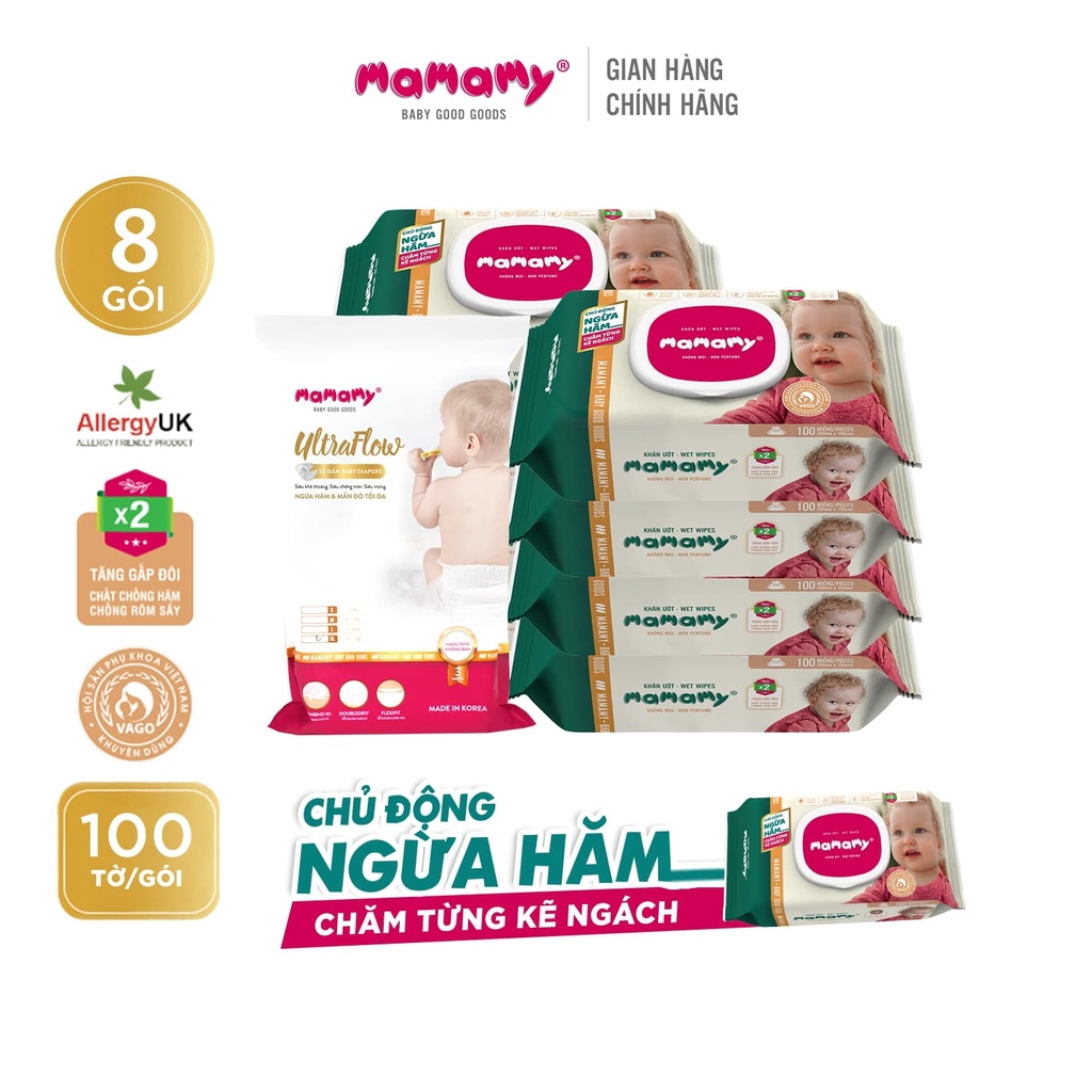 Combo 8 Khăn ướt 100 tờ và 3 miếng tã dán có nắp chủ động ngừa hăm Mamamy Không mùi/Mùi dịu nhẹ an toàn cho bé