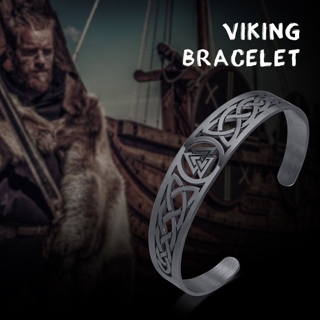 Vòng Tay Mở Bằng Thép Không Gỉ Màu Đen Phong Cách Viking Thời Trang Cho Nam