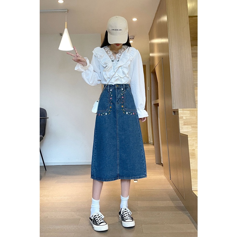 Chân váy jean Dáng Chữ A Lưng Cao Thêu Họa Tiết Thời Trang Mùa Hè Cho Nữ