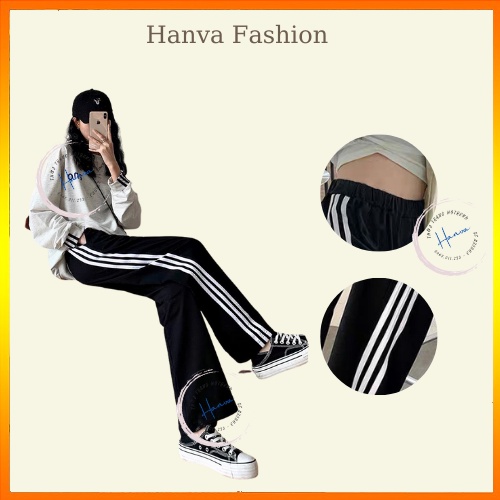 Quần Cullottes Nữ Ống Rộng Thể Thao 3 Sọc Cạp Cao Chất Thun Co Giãn Unisex Hanva