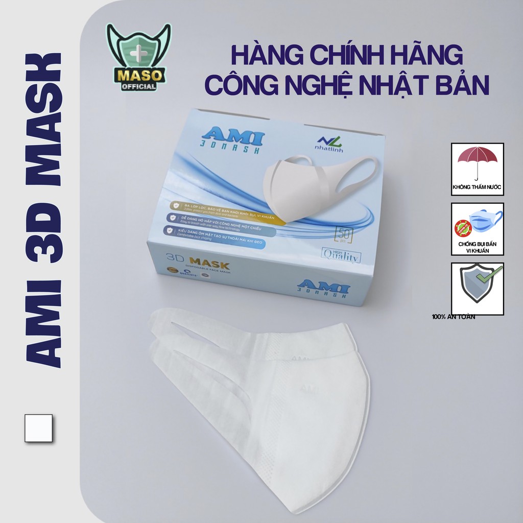 Khẩu trang Ami 3D Mask công nghệ Nhật Bản, khẩu trang y tế kháng khuẩn, hộp 50 c màu trắng