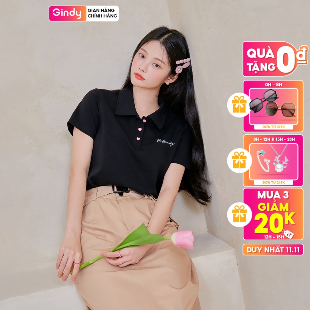 Áo phông nữ polo GINDY cúc trái tim ForGindy cổ bẻ cotton tay lỡ basic form vừa unisex vải cotton thoáng mát A8109
