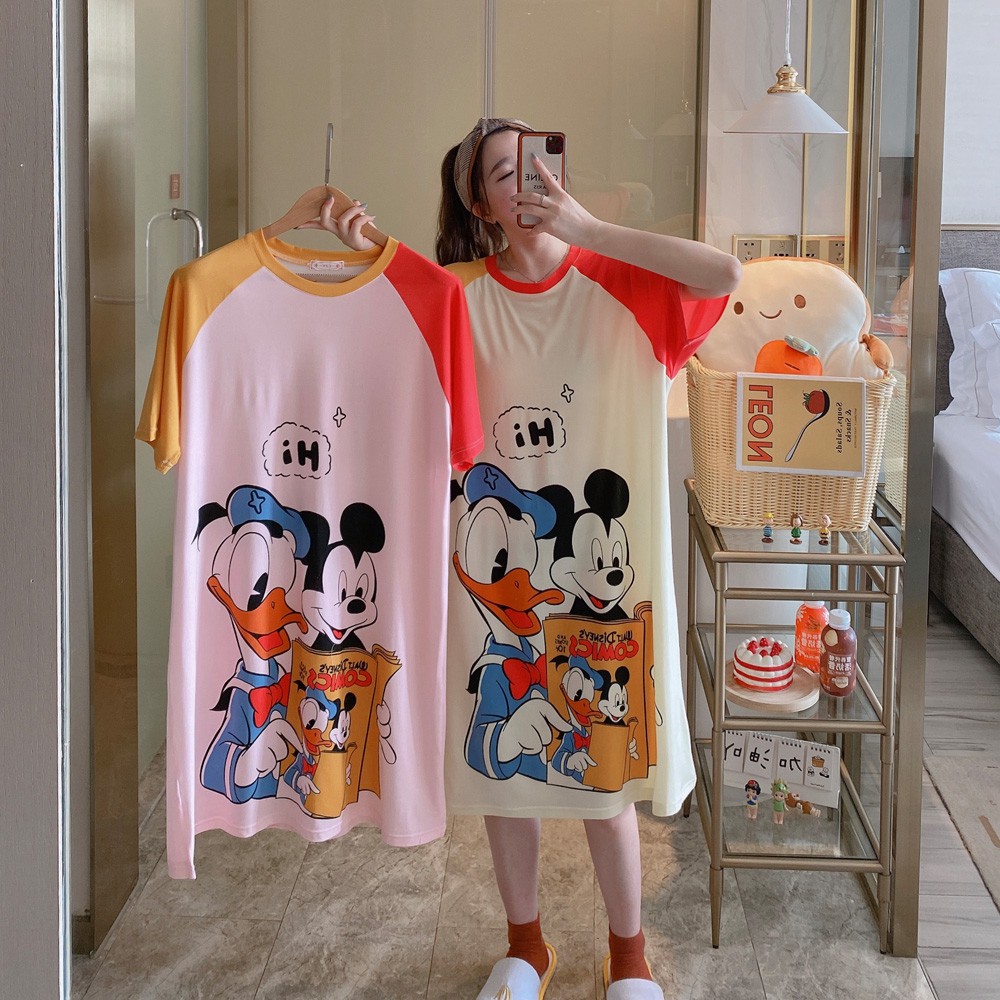 Bộ đồ ngủ cotton hoạt hình thoải mái và dễ thương, váy ngủ ngắn tay | BigBuy360 - bigbuy360.vn