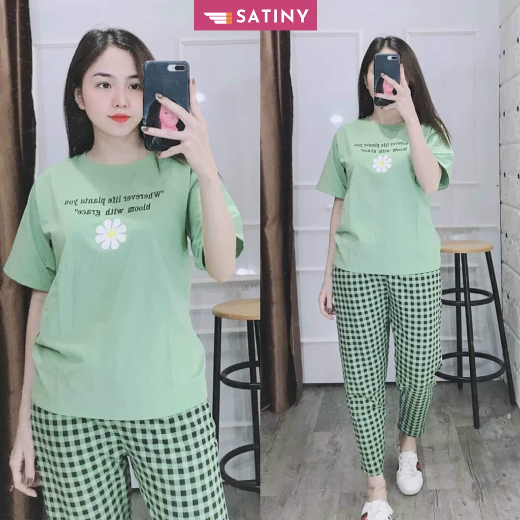 [Mã FAMAYWA giảm 10K đơn 50K] [Mua 1 Tặng 1] Đồ bộ nữ mặc nhà SATINY DB05 Đồ bộ thun Thêu Hoa Cúc mặc nhà cao cấp