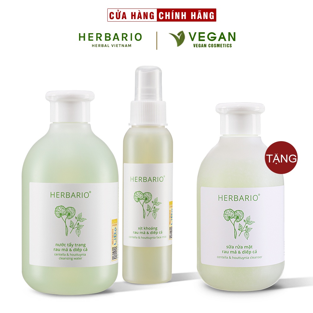 Bộ 3 rau má và diếp cá Herbario chăm sóc da mụn: Nước tẩy trang 300ml + Sữa rửa măt  200ml + Xịt khoáng 100ml