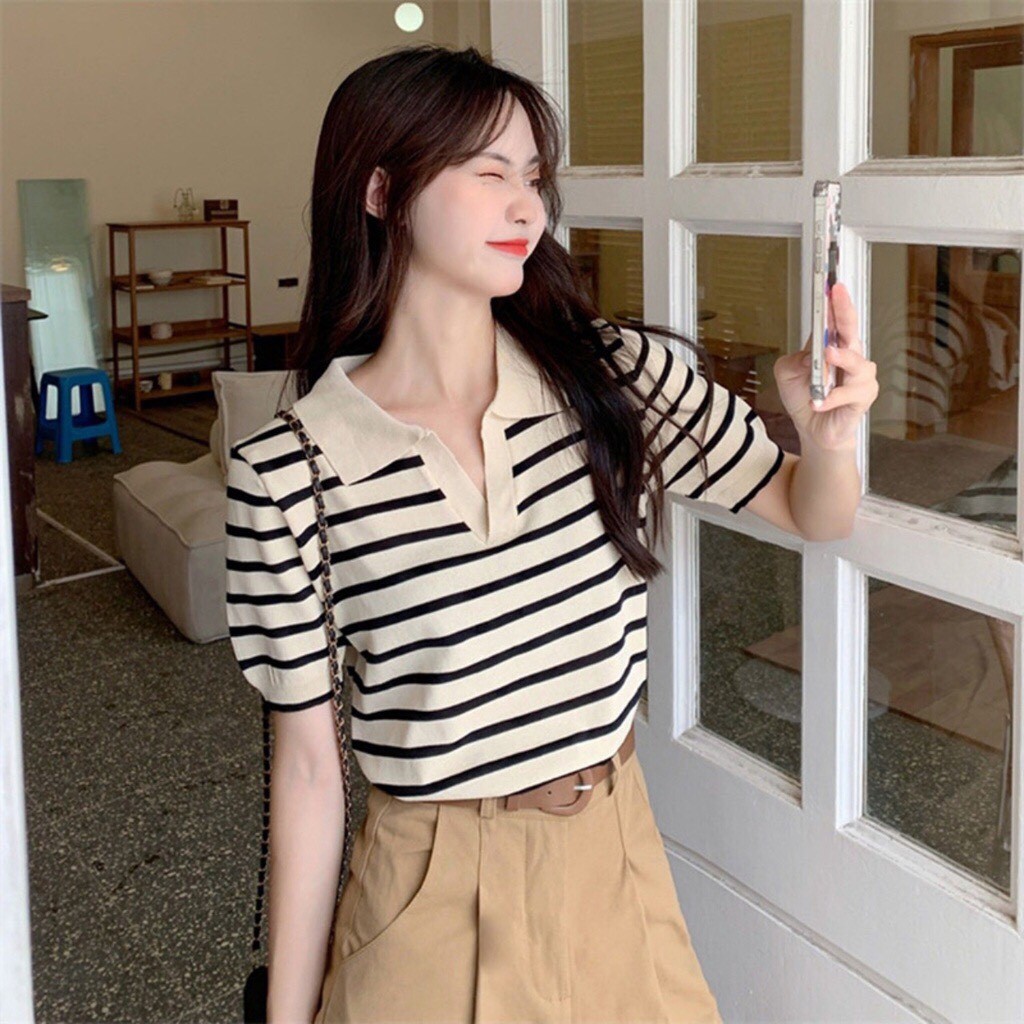 Áo len nữ ngắn tay cổ bẻ kẻ sọc ngang Thu ĐÔNG phong cách Hàn Quốc xinh xắn hàng Quảng Châu Loại 1 2021 K4-D7 | BigBuy360 - bigbuy360.vn