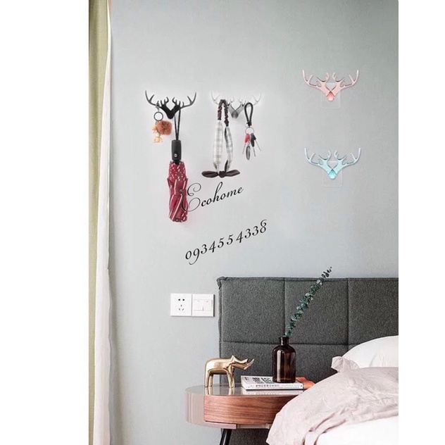 Ecohome Móc treo chìa khoá cặp sừng hươu chắc chắn bằng đế dán không cần khoan tường
