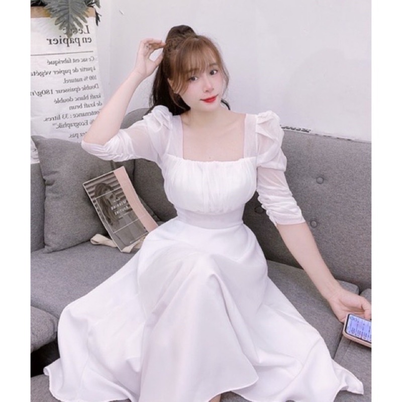 Váy Cổ Vuông Dáng Dài Rúm Ngực Chun Lưng, Đầm Trắng Tiểu Thư Dự Tiệc