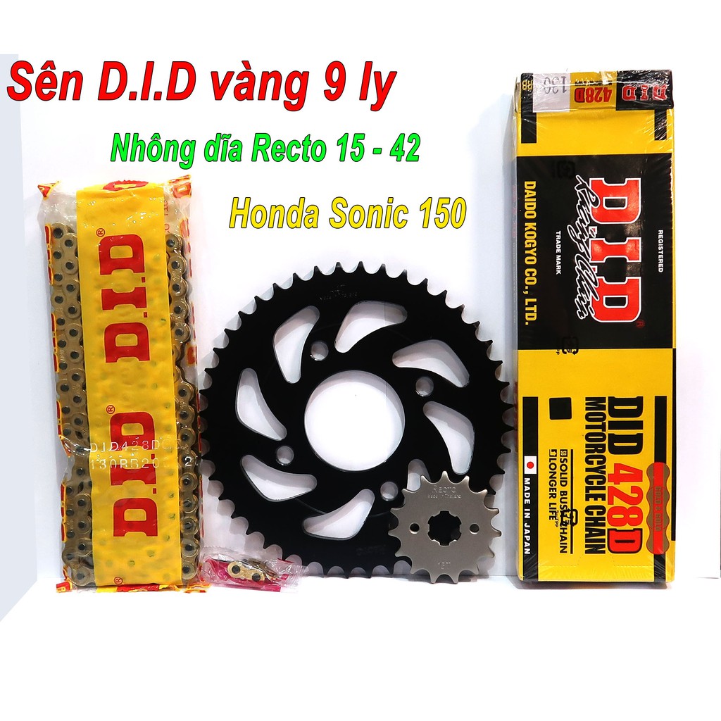 Nhông dĩa RECTO 15 - 42, Sên DID vàng 9 ly 124 mắc cho Honda Sonic 150