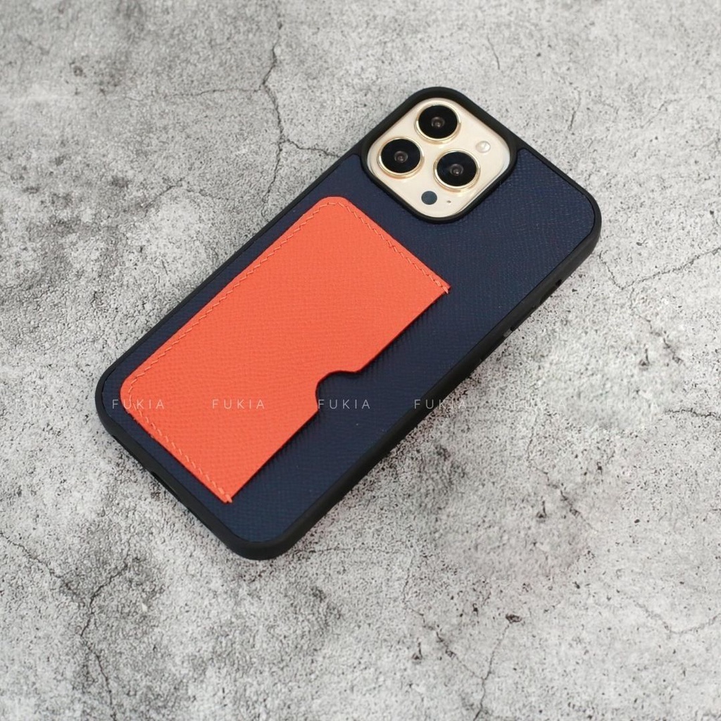 Ốp da thủ công viền đen khe thẻ ngang mix màu Epsom cho IPhone 14/14Plus/14Pro/14Promax/13/13Pro/13Promax/12prm ODTC141