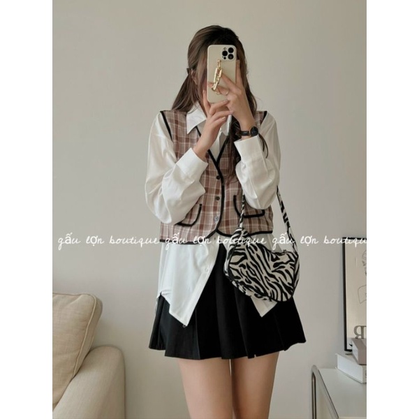 Áo gile dạ hoạ tiết kẻ zíc zắc ảnh thật
